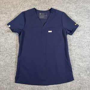 Figs Women's Catarina One Pocket Scrub Top Size XXS Navy Blue #Vaccinated Sleeve